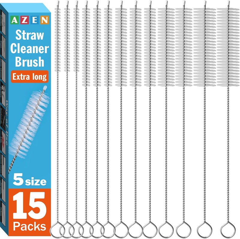 AZEN 15 Pack Straw Cleaner Brush Set, 12 inch Extra Long, 5 Different Diameters Reusable Cleaning Brush for Sippy Cup, Water Bottle and Tubes - Image 1